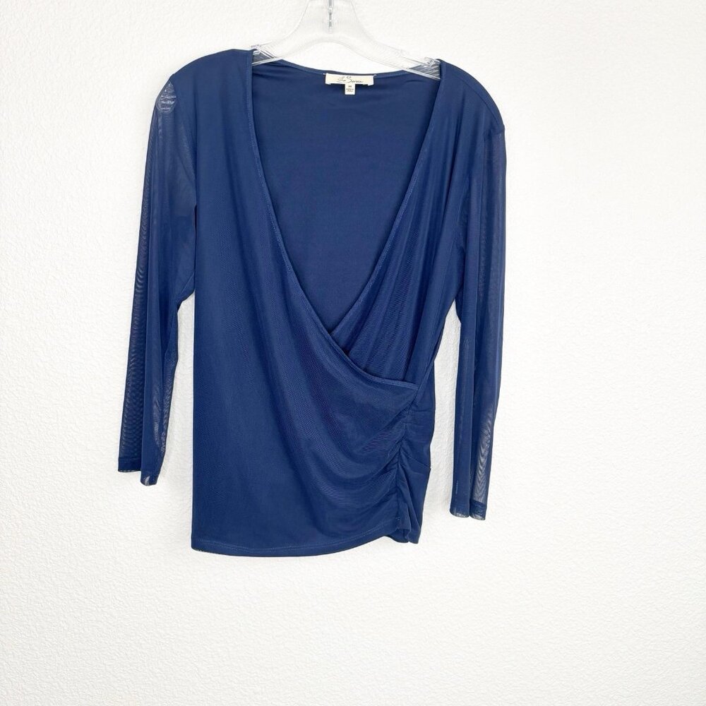 Les Serein Women's Top Blouse Medium Navy Sheer Sleeves Wrap Detail